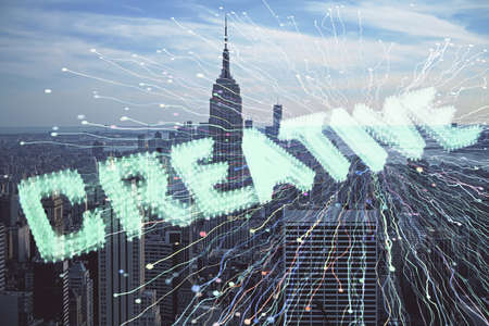 Double exposure of start up theme drawings over cityscape background. Concept of success.