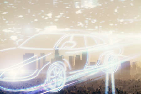 Double exposure of transport theme hologram drawing and city view background. Concept autopilot.