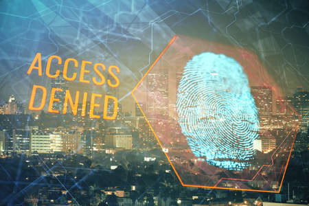 Double exposure of finger print hologram and cityscape background. Concept of personal security.の写真素材