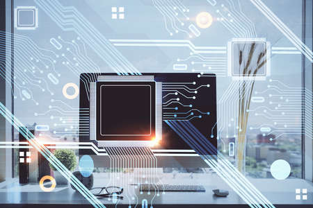 Multi exposure of table with computer on background and data theme drawing. Concept of innovation.
