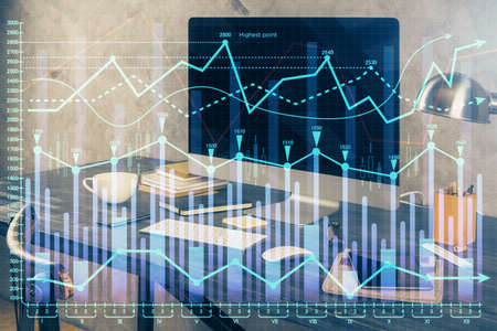 Multi exposure of forex chart and work space with computer. Concept of international online trading.