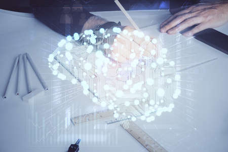 Brain multi exposure icon with man hands background. Concept of learning.