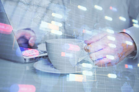 Double exposure of tech drawings with hands working on computer background. Concept of innovation.