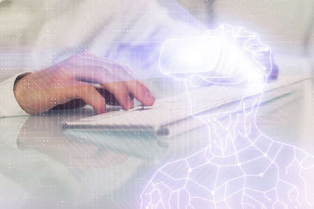 AR hologram with man working on computer on background. Augmented reality concept. Double exposure.