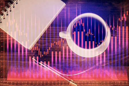 Multi exposure of forex chart drawing and work table top veiw. Concept of financial analysis.