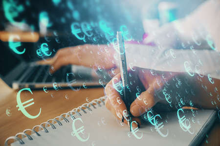Double exposure of forex chart drawing over people taking notes background. Concept of financial...