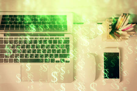 Multi exposure of forex graph drawing over desktop background with computer. Concept of financial...