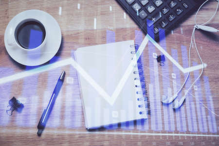 Multi exposure of forex chart drawing and work table top veiw. Concept of financial analysis.の写真素材