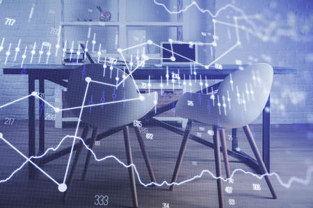 Multi exposure of financial graph drawing and office interior background. Concept of market...