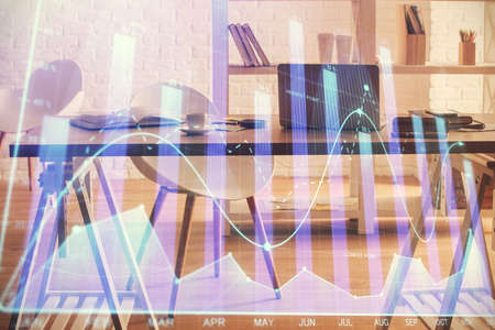 Multi exposure of stock market chart drawing and office interior background. Concept of financial...