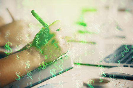 Double exposure of forex chart drawing over people taking notes background. Concept of financial analysisの写真素材