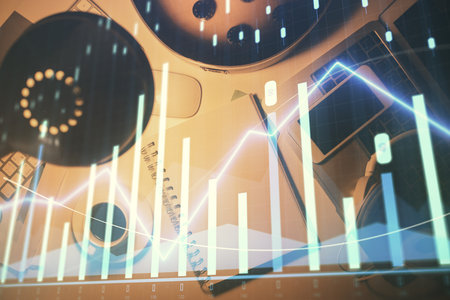 Multi exposure of forex chart drawing and work table top veiw. Concept of financial analysis.の写真素材