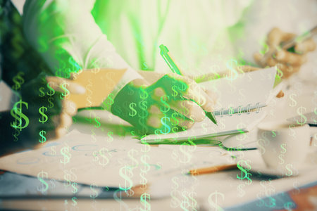 Double exposure of forex graph drawing over people taking notes background. Concept of financial analysisの写真素材