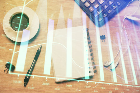 Multi exposure of forex chart drawing and work table top veiw. Concept of financial analysis.の写真素材