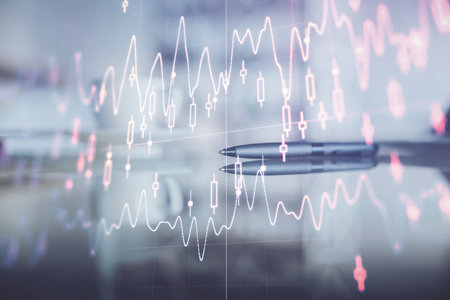 Double exposure of forex chart over coffee cup background in office. Concept of financial analysis and success.の写真素材