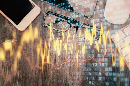 Multi exposure of forex graph hologram over desktop with phone. Top view. Mobile trade platform concept.の写真素材