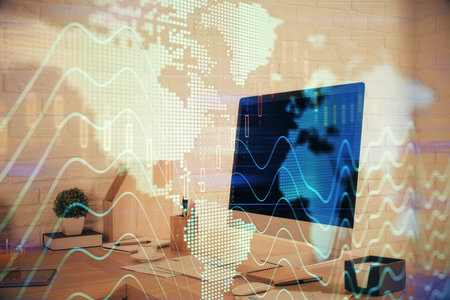 Double exposure of stock market graph drawing and office interior background. Concept of financial analysis.の写真素材