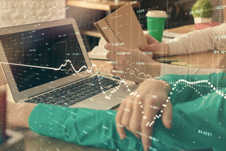Double exposure of man and woman working together and forex chart hologram. Business concept....