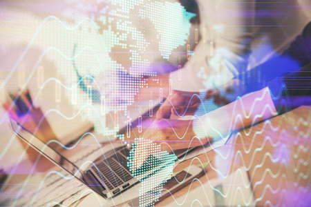 Multi exposure of woman hands typing on computer and financial chart hologram drawing. Stock market analysis concept.の写真素材