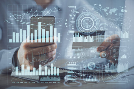 Double exposure of man hands holding a credit card and Forex graph drawing. Stock trading and...