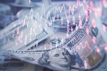 Double exposure of forex graph drawing over us dollars bill background. Concept of financial markets.の写真素材