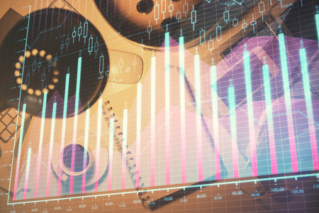 Multi exposure of forex chart drawing and work table top veiw. Concept of financial analysis.
