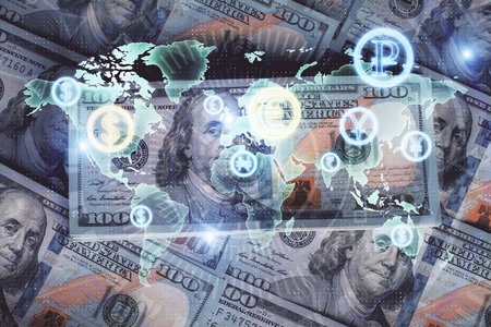 Multi exposure of forex chart drawing over us dollars bill background. Concept of financial success markets.の写真素材