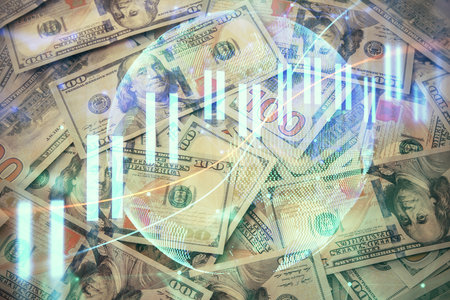 Multi exposure of forex chart drawing over us dollars bill background. Concept of financial success markets.の写真素材