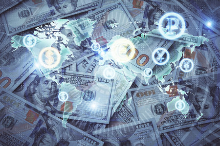 Double exposure of forex graph drawing over us dollars bill background. Concept of financial markets.の写真素材