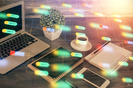 Double exposure of data theme drawing and mobile phone background. Concept of innovationの写真素材
