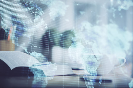 Double exposure of business theme drawing and desktop with coffee and items on table background. Concept of market tradingの写真素材