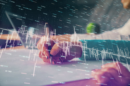 Double exposure of forex chart drawing over people taking notes background. Concept of financial...