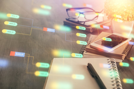 Double exposure of data theme drawing and mobile phone background. Concept of innovationの写真素材