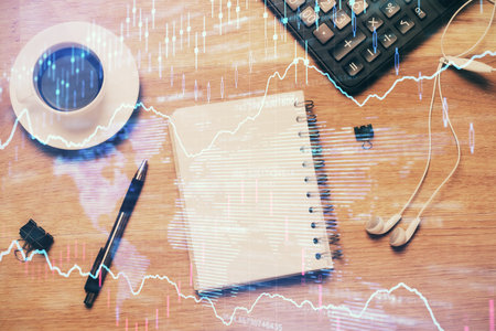 Multi exposure of forex chart drawing and work table top veiw. Concept of financial analysis.の写真素材