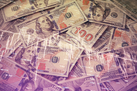 Multi exposure of forex chart drawing over us dollars bill background. Concept of financial success markets.の写真素材