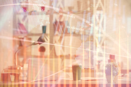 Double exposure of stock market graph drawing and office interior background. Concept of financial analysis.の写真素材