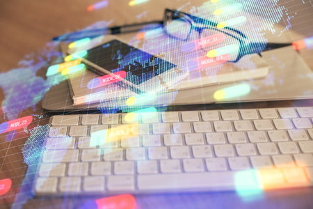 Double exposure of data theme drawing and mobile phone background. Concept of innovationの写真素材