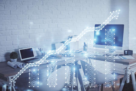 Multi exposure of stock market chart drawing and office interior background. Concept of financial...