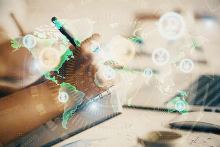 Double exposure of forex graph drawing over people taking notes background. Concept of financial...