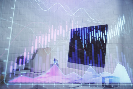 Double exposure of stock market graph drawing and office interior background. Concept of financial analysis.の写真素材