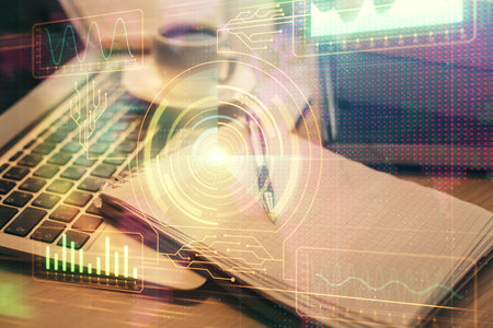 Double exposure of technology theme drawing and desktop with coffee and items on table background. Concept of data research.の写真素材