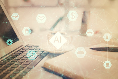 Double exposure of technology theme drawing and desktop with coffee and items on table background. Concept of data research.の写真素材