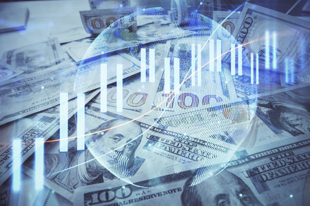 Multi exposure of forex chart drawing over us dollars bill background. Concept of financial success markets.の写真素材