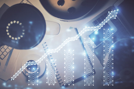 Multi exposure of forex chart drawing and work table top veiw. Concept of financial analysis.の写真素材