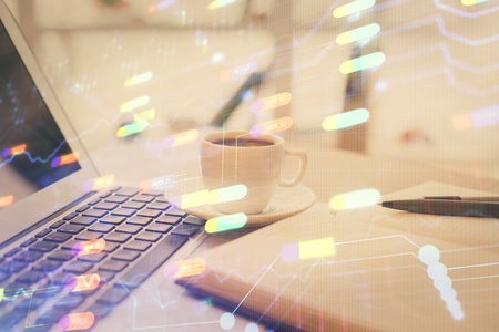 Double exposure of technology theme drawing and desktop with coffee and items on table background. Concept of data research.の写真素材