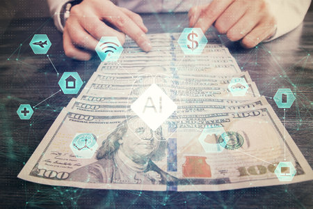 Double exposure of technology drawing hologram and us dollars bills and man hands. Data conceptの写真素材