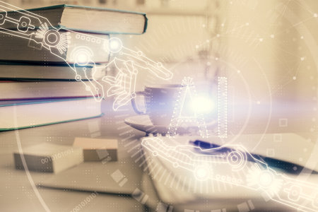 Double exposure of technology theme drawing and desktop with coffee and items on table background. Concept of data research.の写真素材