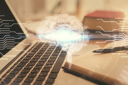 Double exposure of brain drawing and desktop with coffee and items on table background. Concept of...