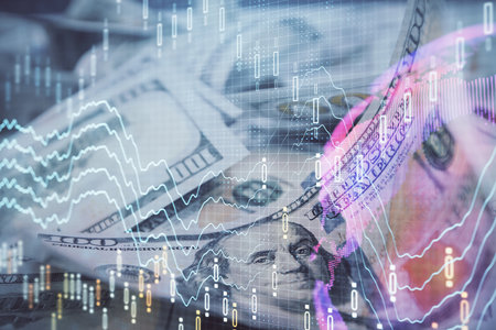 Double exposure of forex graph drawing over us dollars bill background. Concept of financial markets.の写真素材