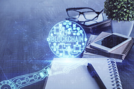 Double exposure of blockchain theme drawing and cell phone background. Concept of cryptomarketの写真素材